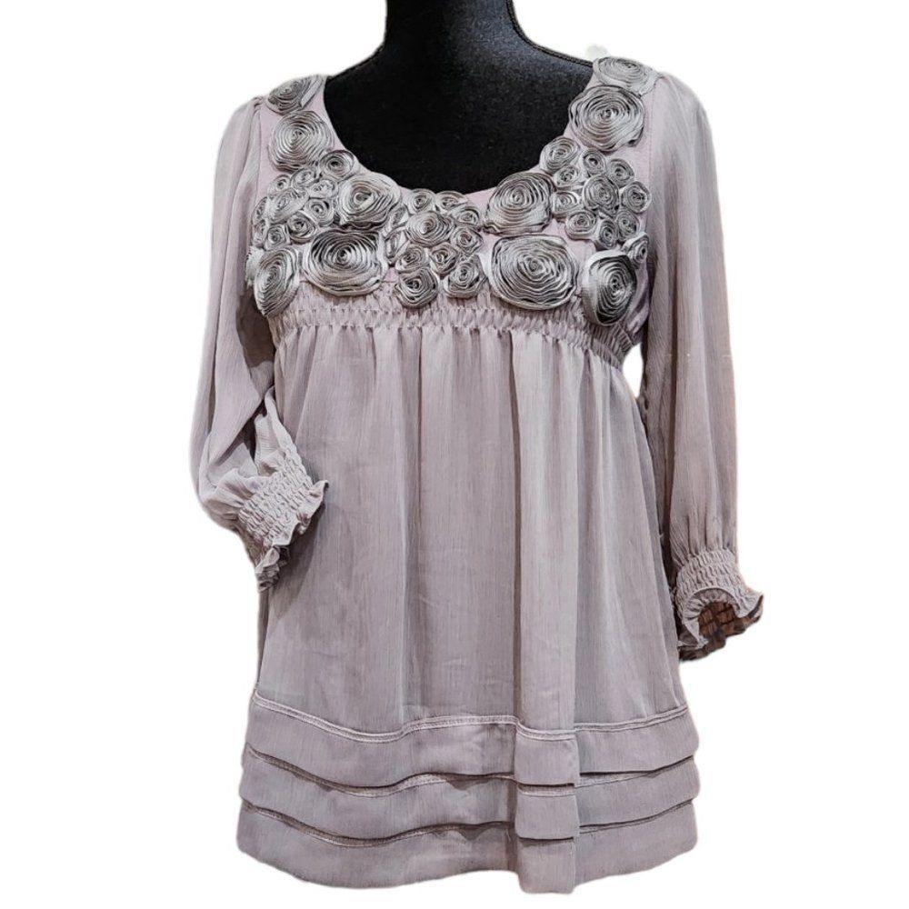 ECI Embroidery Purple Babydoll Flowy Blouse Top Size S